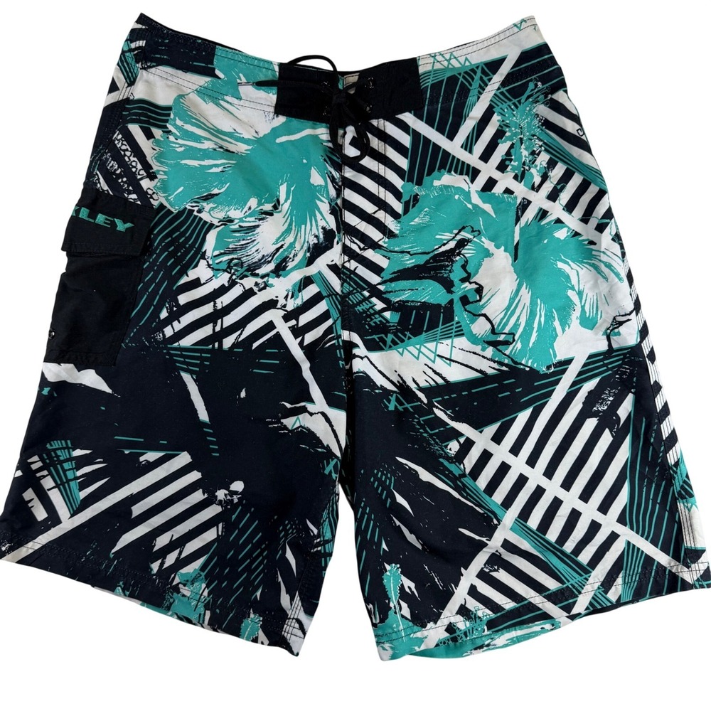 Oakley Mens Board Shorts Size 34 Teal Black White Geometric Floral Swim Trunks